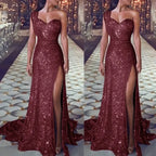 2026 Women's Wedding Party Dress Evening Elegant Sexy Deep V Neck One Shoulder Sleeveless Sequined Long Maxi Dresses For Women