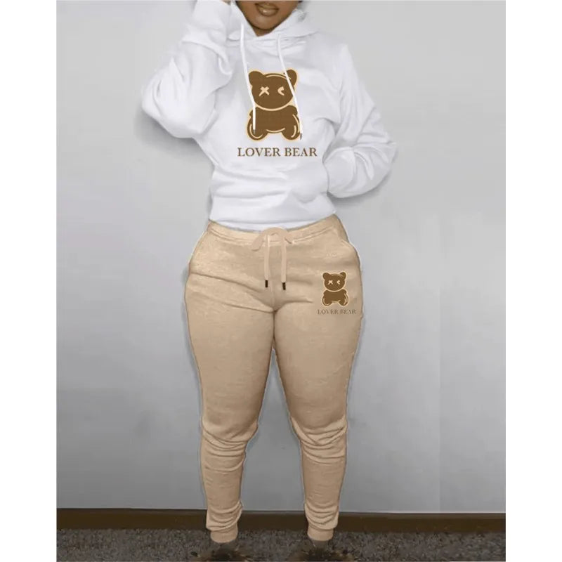2 Piece Set Women Outfit Letter Bear Print Hooded Neck Hoodies Sweatshirt Pants Tracksuit 2024 Plus Size Streetwear Casual Suit Secondary image