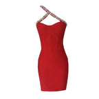 2026 New Sexy Women Mini Bandage Dress One Shoulder Collar Rhinestone Decorated Shoulder Strap Bodycon Dresses Party Vestido
