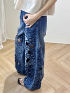Summer Women Jeans Floral Embroidery Straight Trousers Designer Streetwear Casual Hollow Out Vintage High Waist Denim Long Pants