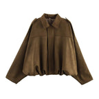 DUOPERI Women 2025 New Solid Bomber Jackets Lapel Neck Long Sleeves Female Elegance Chic Casual Jacket Tops