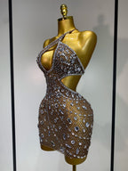 Sexy Sparkly Diamond Backless Short Dress 2026 Women Sleeveless Mesh See Through Evening Birthday Gown Singer Stage Outfit
