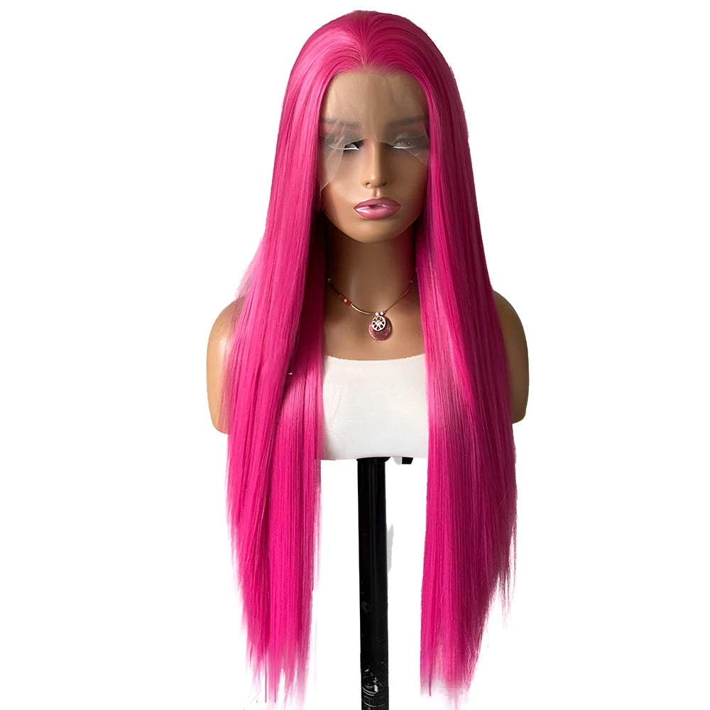 Rose Pink Straight Synthetic Lace Wig Glueless Wigs For Women Natural Hairline Daily Wear Long Pink  Wig Cosplay Part Front Hair Secondary image