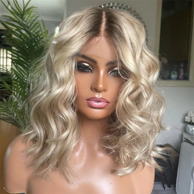 Honey Platinum Blonde Lace Frontal Wigs 13x4 Short Medium Woman"s Wig Glueless Loose Deep Synthetic Hair Mix 5% Human Hair Main image