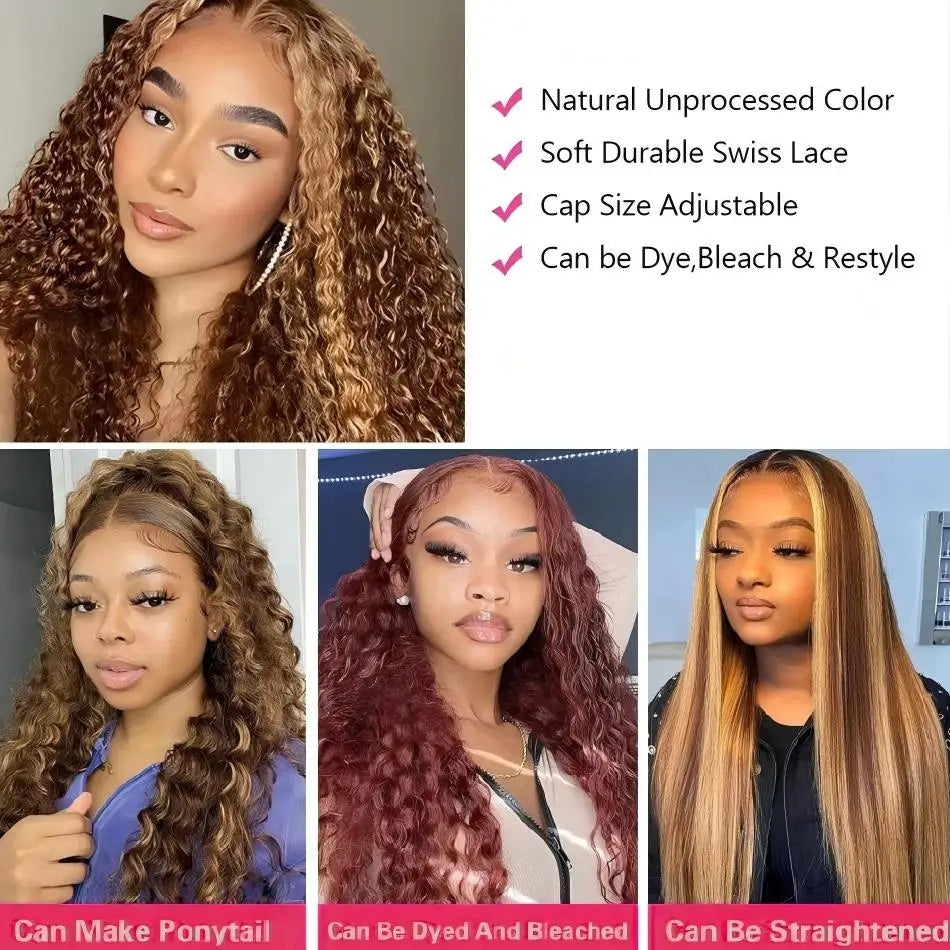 Deep Wave Curly Human Hair Wig Honey Blonde Highlight Wig Human Hair 5x5 HD Lace Closure Wig Glueless Wigs Human Hair For Woman