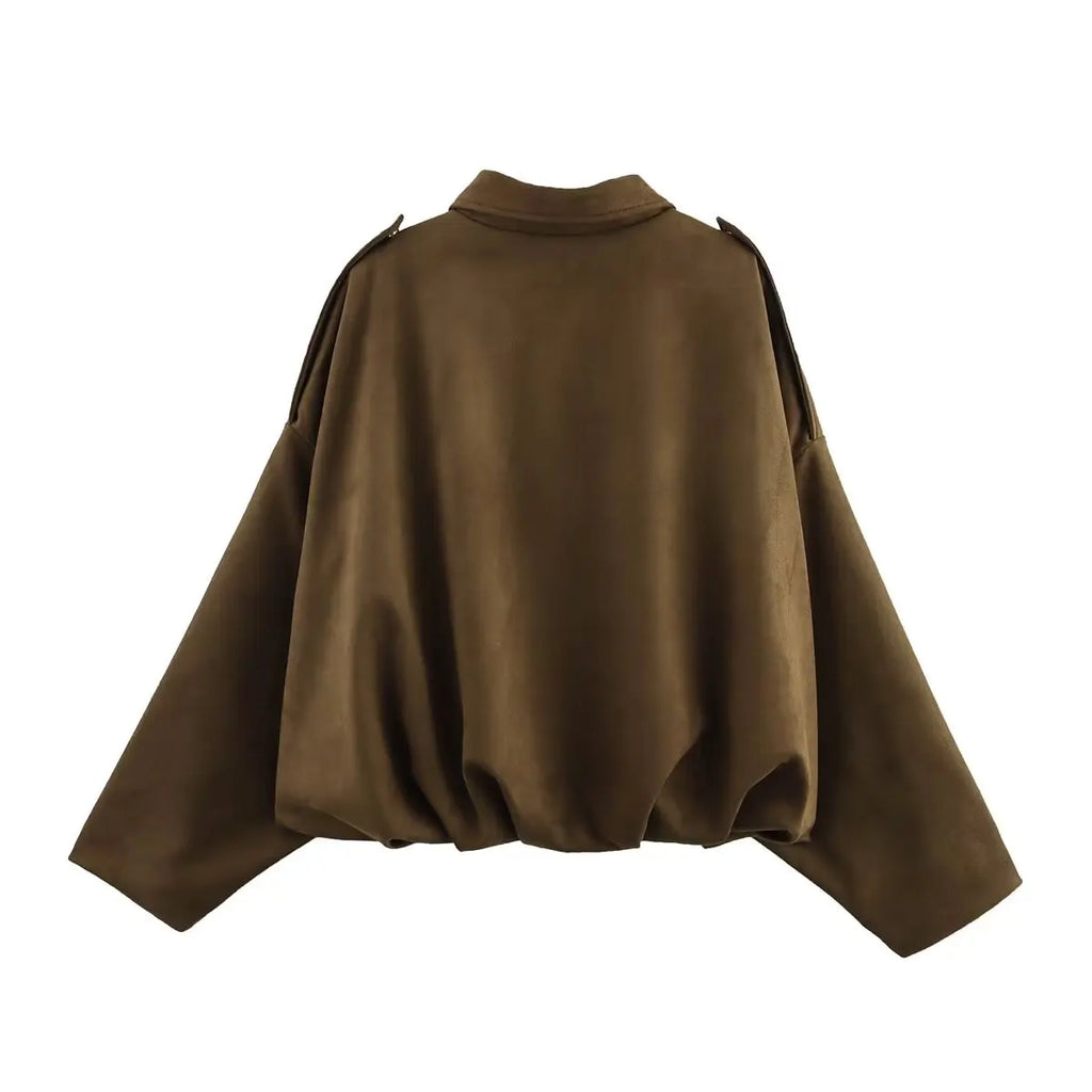 DUOPERI Women 2025 New Solid Bomber Jackets Lapel Neck Long Sleeves Female Elegance Chic Casual Jacket Tops