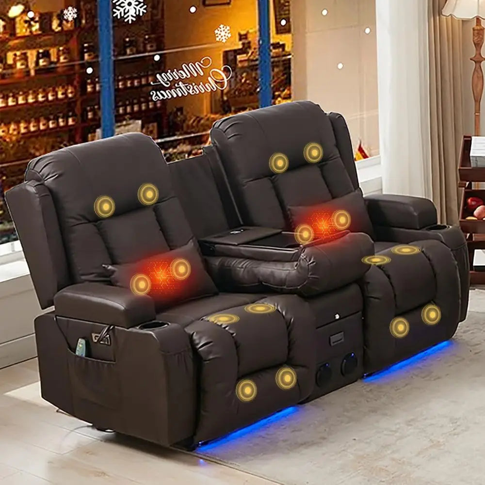 2-Seater Brown Home Theater Recliner Sofa with LED Lights, AC/USB Ports, Cup Holders, Electric Controls, Bluetooth Speaker, Mass Main image