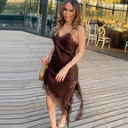 HXAO Womens Dresses Lace Asymmetric Slip Dress Summer 2026 Sexy Evening Dresses Ladies Mini Brown Sleeveless Backless Vestidos