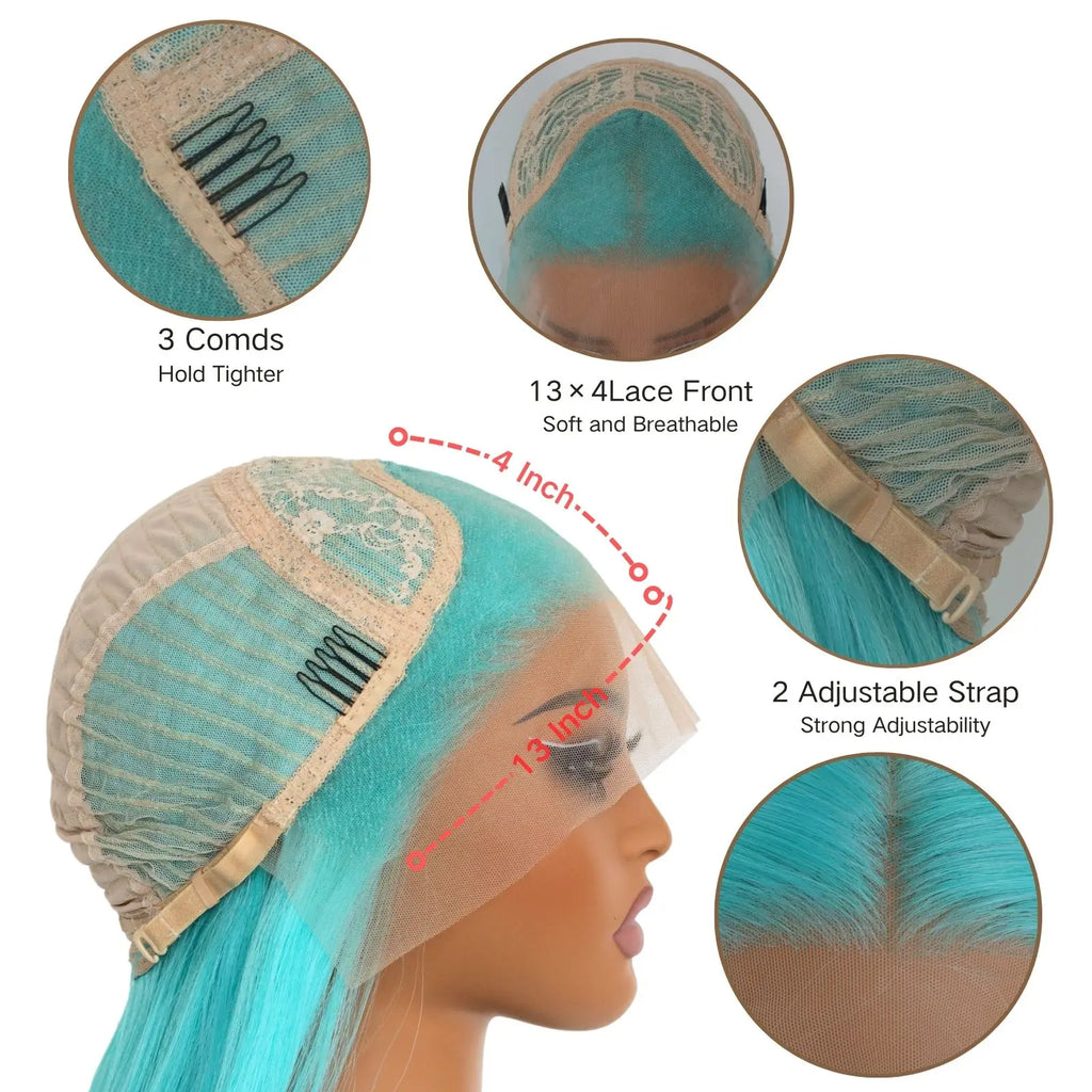 Mint Blue Color Synthetic Lace Front Wigs for Fashion Women 24 Inch Long Silky Straight Hair Mint Green Wig 13x4 HD Lace Front W