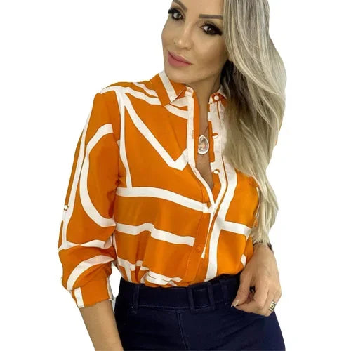 Women Geometric Print Shirt, Spring and Autumn Fashion Long-sleeved Shirts, Camisa Girls Chemise Size S M L XL XXL