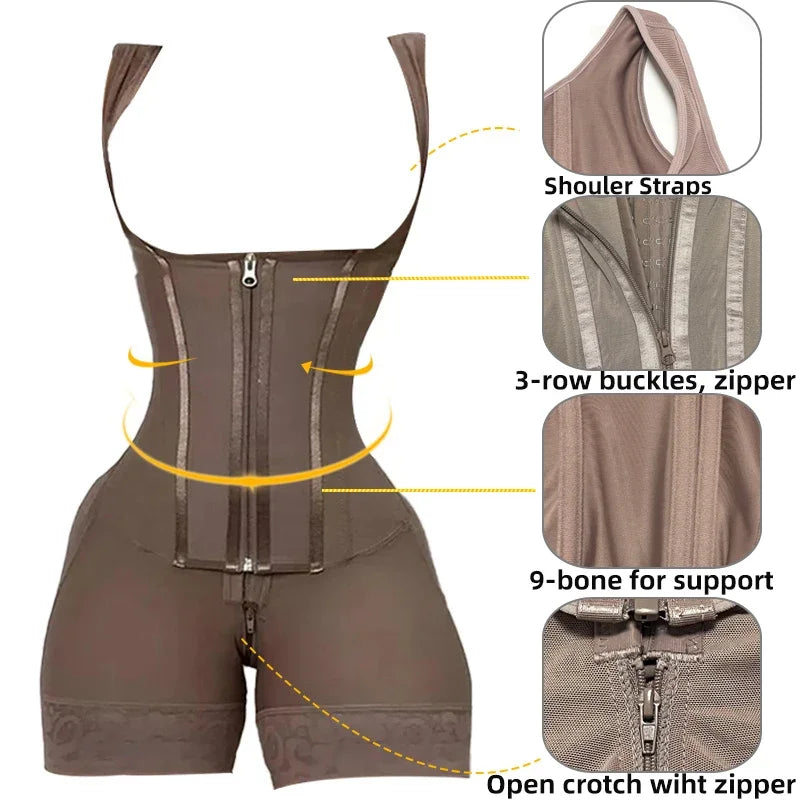 Body Shaper Women Colombian Fajas Shapewear Bodysuit 9-bone High Compression Girdles Double Tummy Control Full Body Open Crotch