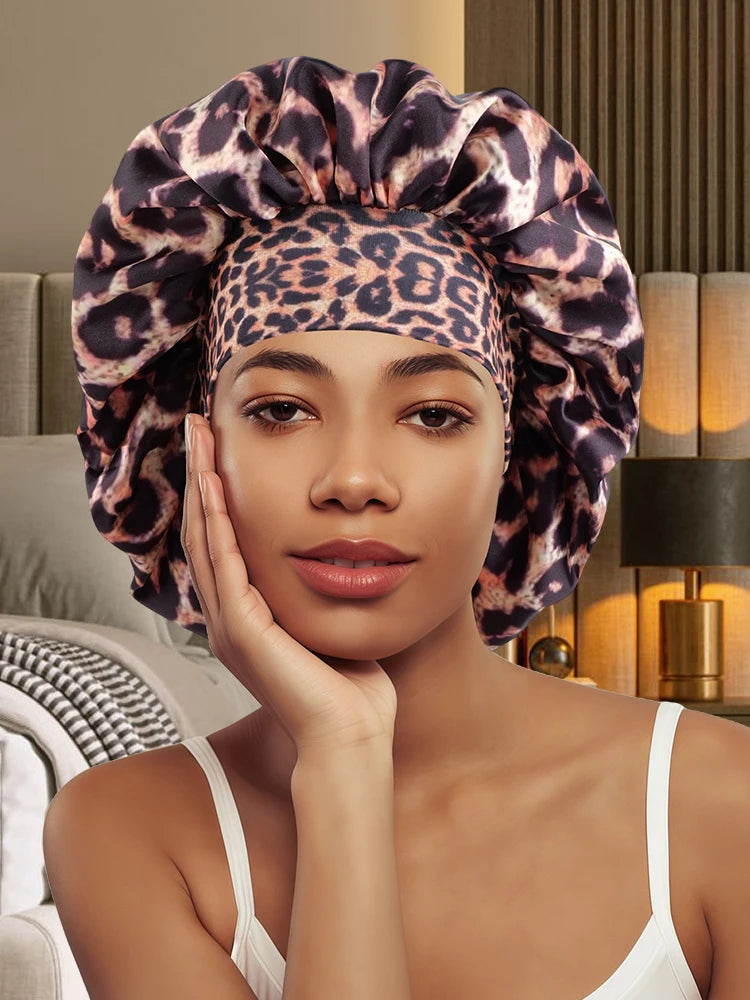 Luxurious Women's Satin Sleep Bonnet All-Over Leopard Print Nightcap for Hair Care And Fashion Style