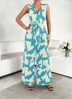 Summer Fashion Vacation Style Jumpsuits for Women Casual V Neck Sleeveless Color Blocking Lace Up High Waist Wide Leg Jumpsuit