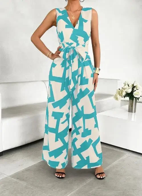 Summer Fashion Vacation Style Jumpsuits for Women Casual V Neck Sleeveless Color Blocking Lace Up High Waist Wide Leg Jumpsuit