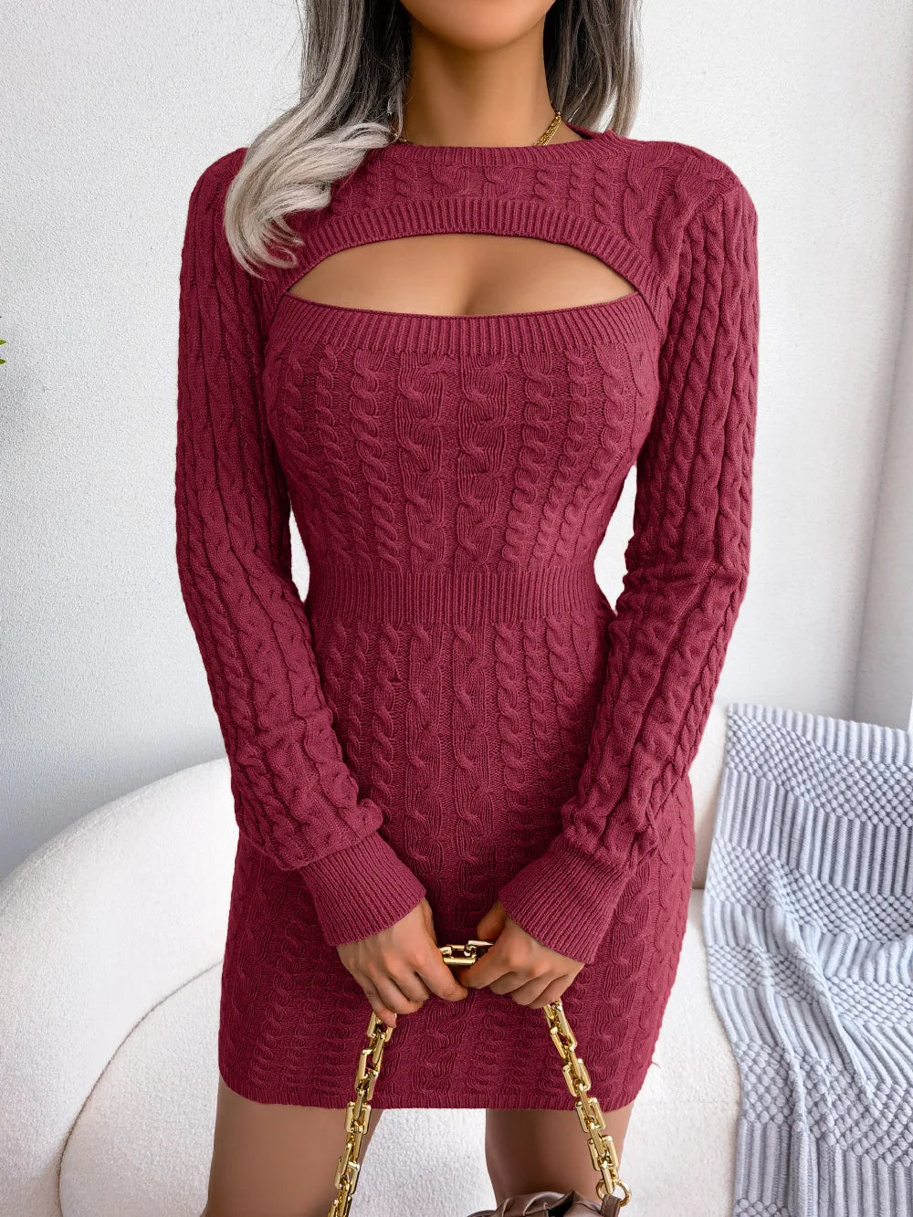 VigoCasey 2026 Blue Casual Short Knit Dress Autumn Winter Women Long Sleeve Dress Sexy Lady Solid Hollow Bodycon Knitted Dresses