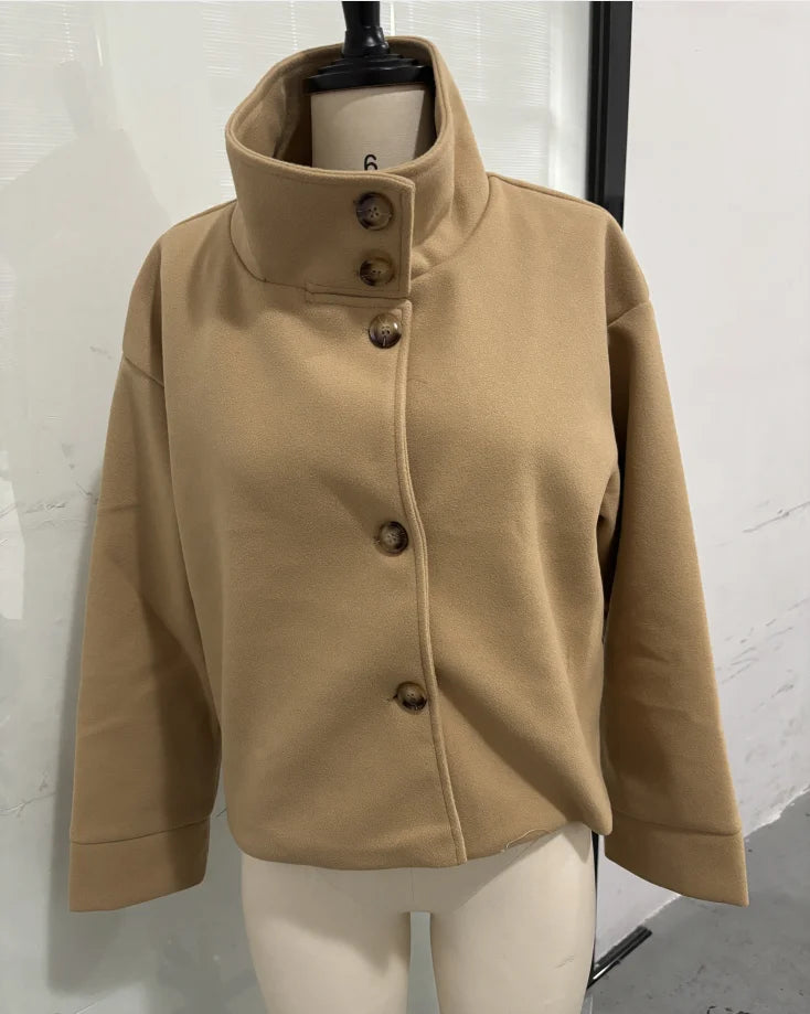 Casual Solid Loose Jackets Women Fashion Full Sleeve Single Breasted Stand Collar Short Coats Female 2025 Autumn Lady Outwears