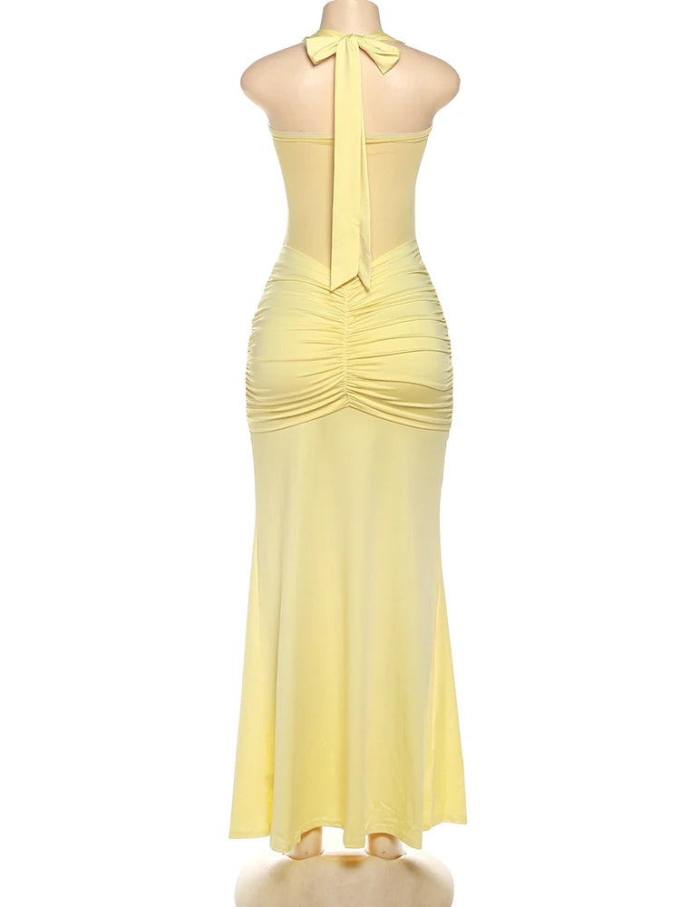 kliou Patchwork Elegant Women Maxi Dress Classic Sexy Sheer Ribbons Halter Backless Bodycon Female Trend Festival Evening Wear