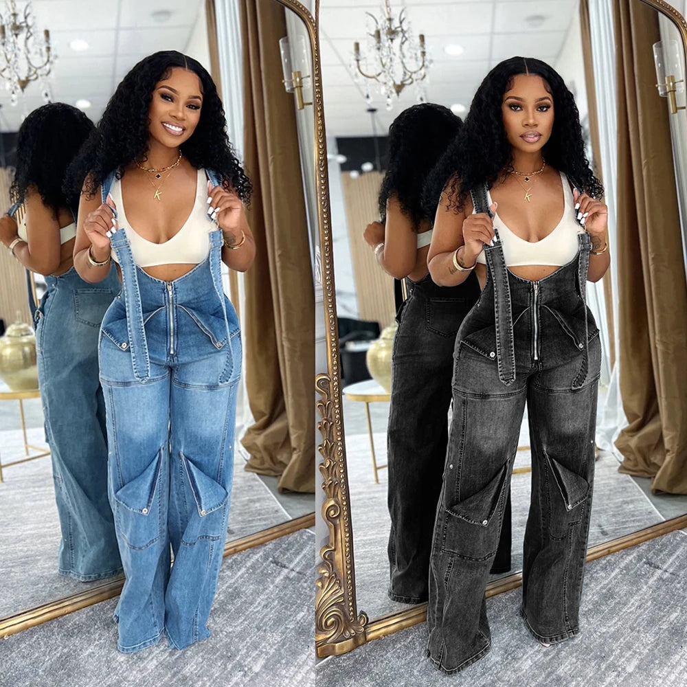 Summer Fashion Loose High Waisted Zip Denim Overalls Women Clothes Multi Pockets Cargo Jeans Trousers Casual Wide Leg Jumpsuits Main image