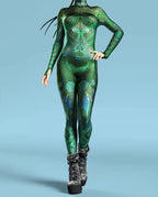 Women's Stylish Green Snake Print BodySuit New Halloween Adult Cosplay Jumpsuit Colorful 3D Printing Carnival Party Rave Outfits