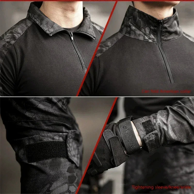 Softair Outdoor Long Sleeve Tactical Shirts Combat Shirt 1/4 Zipper Ripstop Wear-resisting Camo Airsoft T Shirts Men Clothing