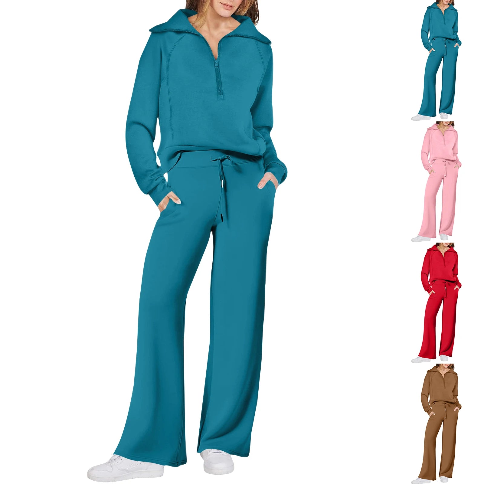 Solid Two-piece set Women Fashion Long Sleeve Zipper Sweater Pullover Tie up Pocket Wide Leg Pant Suit Loose Casual Sport Sets Secondary image