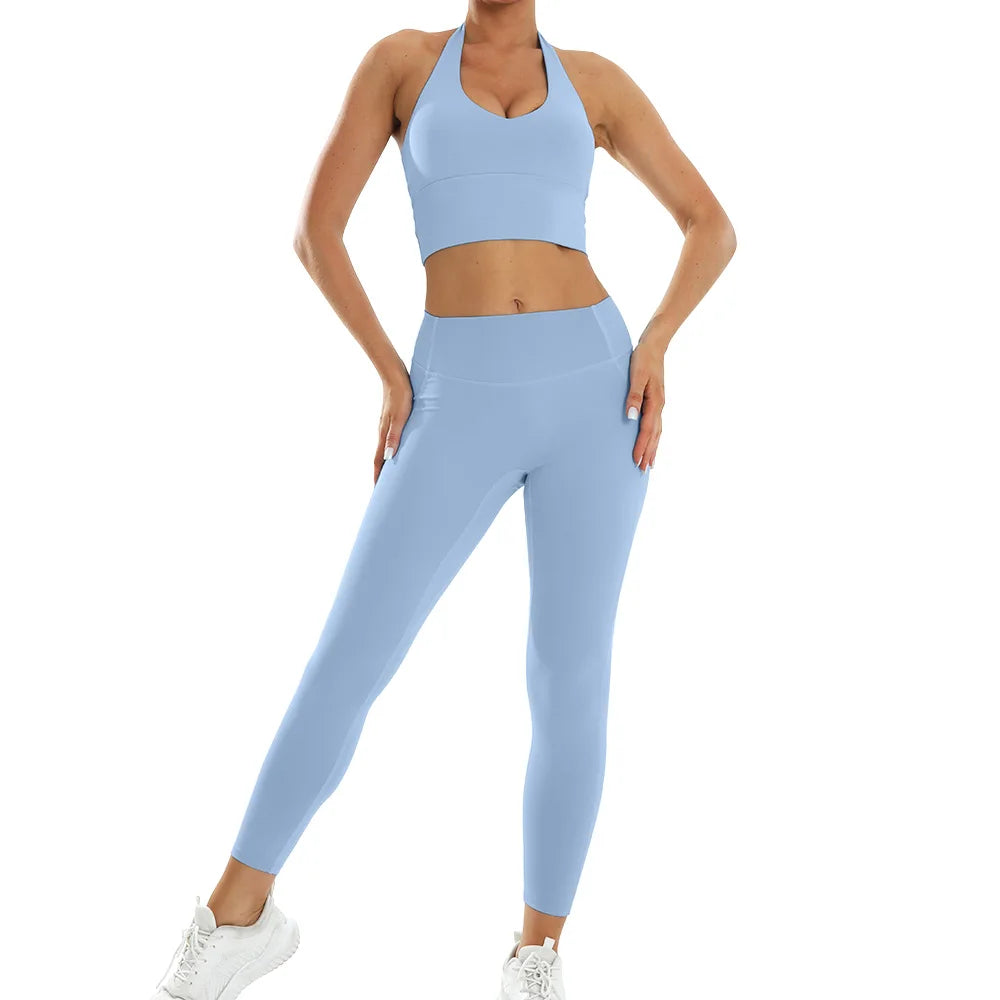 2 Pieces Women Yoga Set Workout Sportswear Gym Clothing Fitness Short Sleeve Crop Top High Waist Leggings Sport Suits