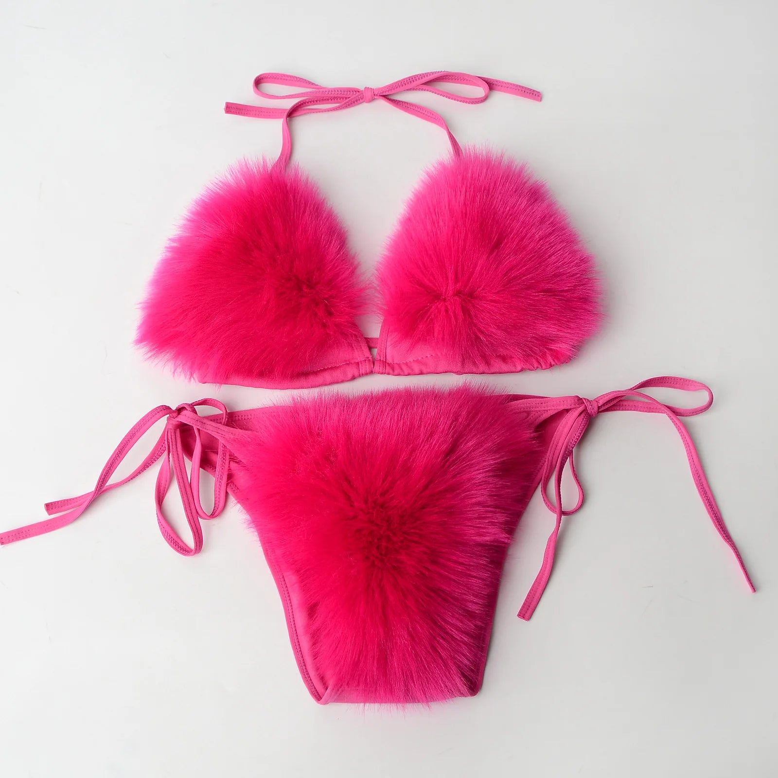 Summer Women Fake Fox Fur Sexy Halter Solid Color Bikini Set Swimsuits Triangle Sexy Bikini Set Faux Fur Swimsuit Plush Swimwear Main image