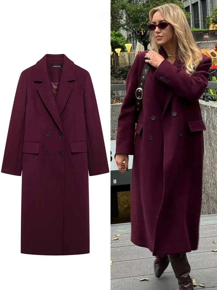 HH Women Fashion Burgundy Woolen Coat Double Breasted Long Sleeve Lapel Blends Jacket Autumn Winter High Street Outerwear Main image