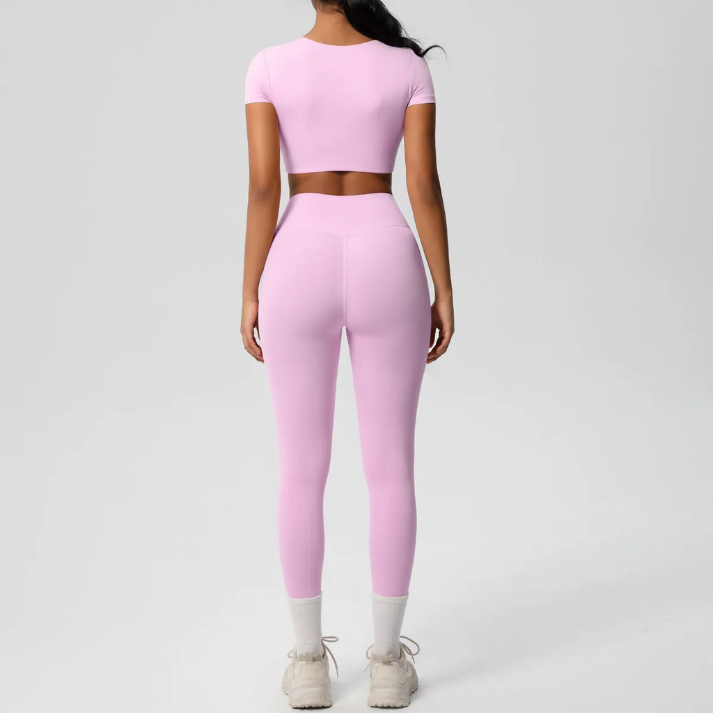 2PCS Woman Gym Sports Yoga Set Knitted Slim Workout Top Short Sleeve Quick Drying Legging Fitness Pants Running Sports Yoga Suit