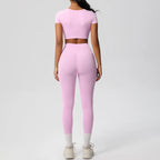2PCS Woman Gym Sports Yoga Set Knitted Slim Workout Top Short Sleeve Quick Drying Legging Fitness Pants Running Sports Yoga Suit