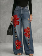 Freeacy Women's Vintage Blue Denim Wide Leg Jeans Red Flower Printed Metal Ring Hollow Out Loose Full Length Trousers Pants