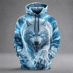 Men's Wolf 3D Printed Hoodie, Fierce Animal Graphic Hooded Sweatshirt, Long Sleeve Casual Streetwear Pullover Tops