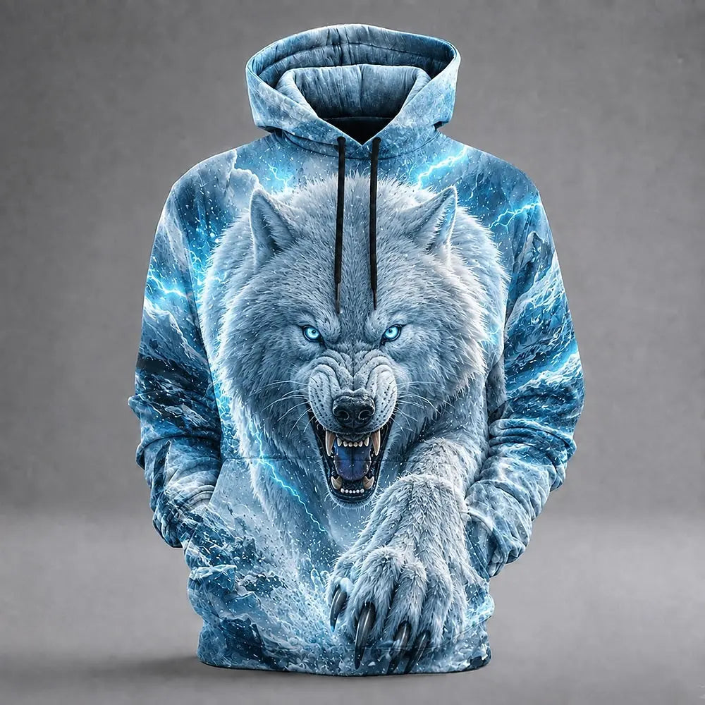 Men's Wolf 3D Printed Hoodie, Fierce Animal Graphic Hooded Sweatshirt, Long Sleeve Casual Streetwear Pullover Tops