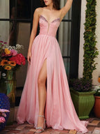 Customized Evening Dress Sexy Deep V Neck Sleeveless Crystal Beading Pleat Split A Line Sweep Train Prom Gown Party Dresses