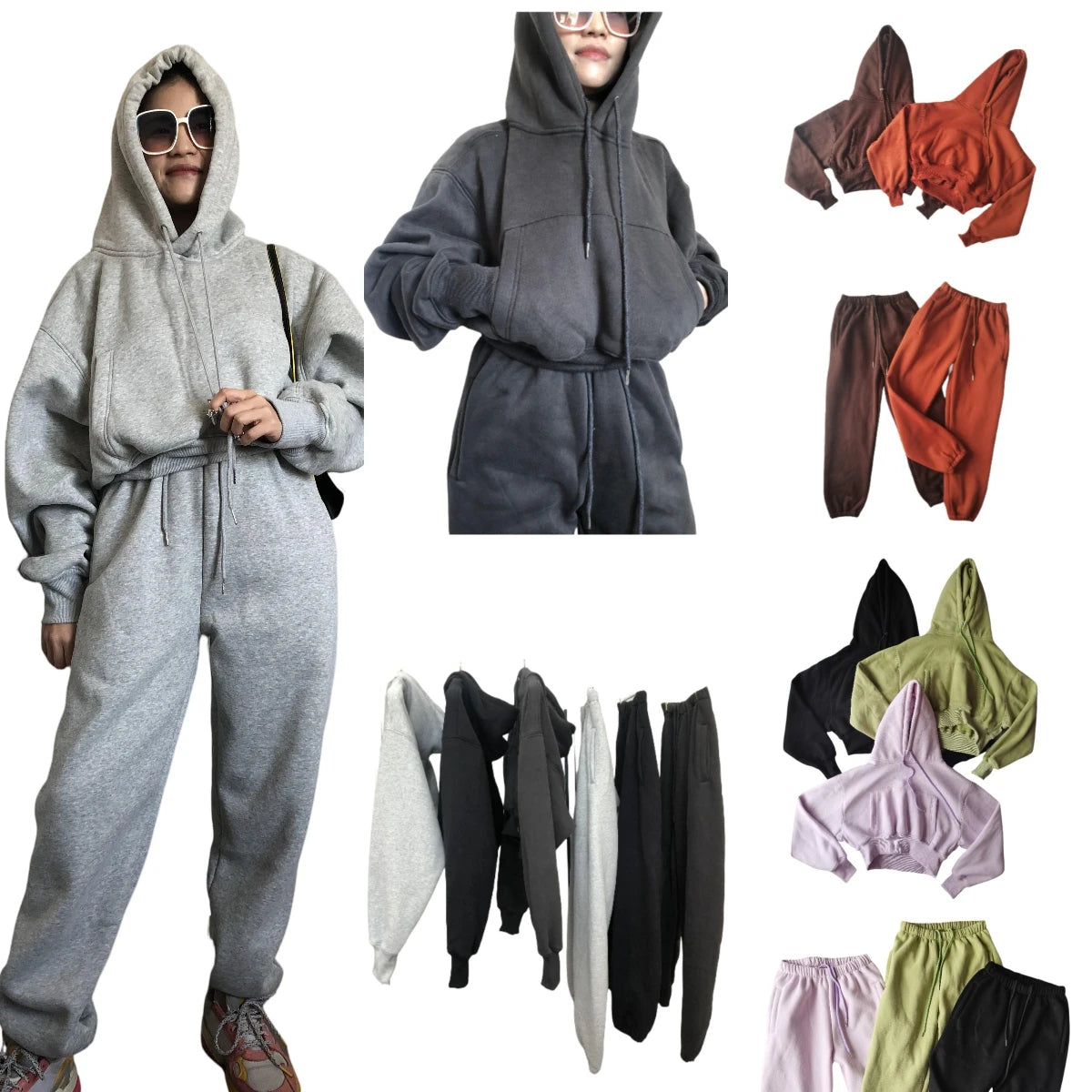 Wholesale Fleece Hoodie with Jogger Pant Sweat Suit Fall Winter 2 Piece Set Tracksuit Women Sports Outfit Two Piece Solid Casual Main image