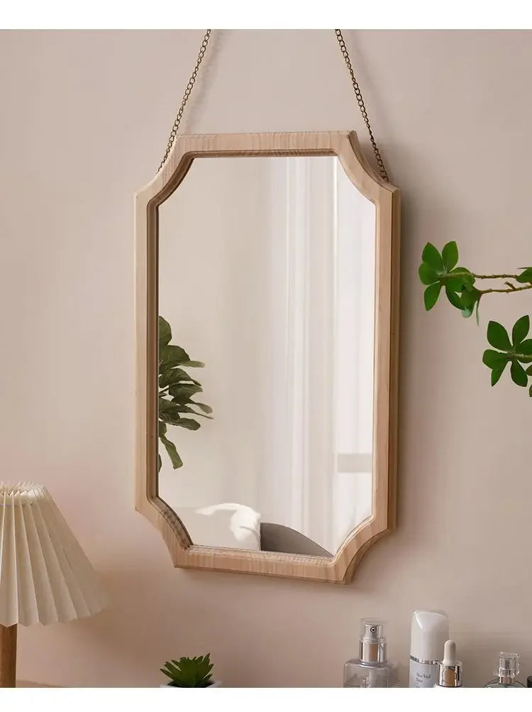 Retro Solid Wood Dressing Mirror Makeup Mirror Wall-mounted Bathroom Toilet Wall-mounted Punch-free Rectangular Bathroom Mirror