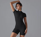 European and American nude one-piece yoga suit with stand up collar, half zipper, short sleeved fitness jumpsuit, tight fitting