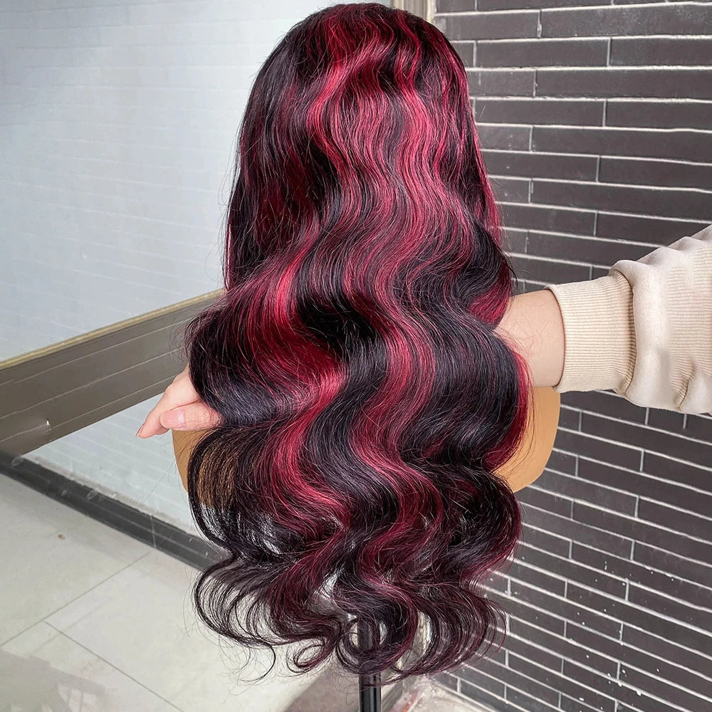 Ombre Red With Blonde Highlights Body Wave 5x5 Glueless Wigs Human Hair Burgundy for Women Pre Plucked 200 Density Colored Wig