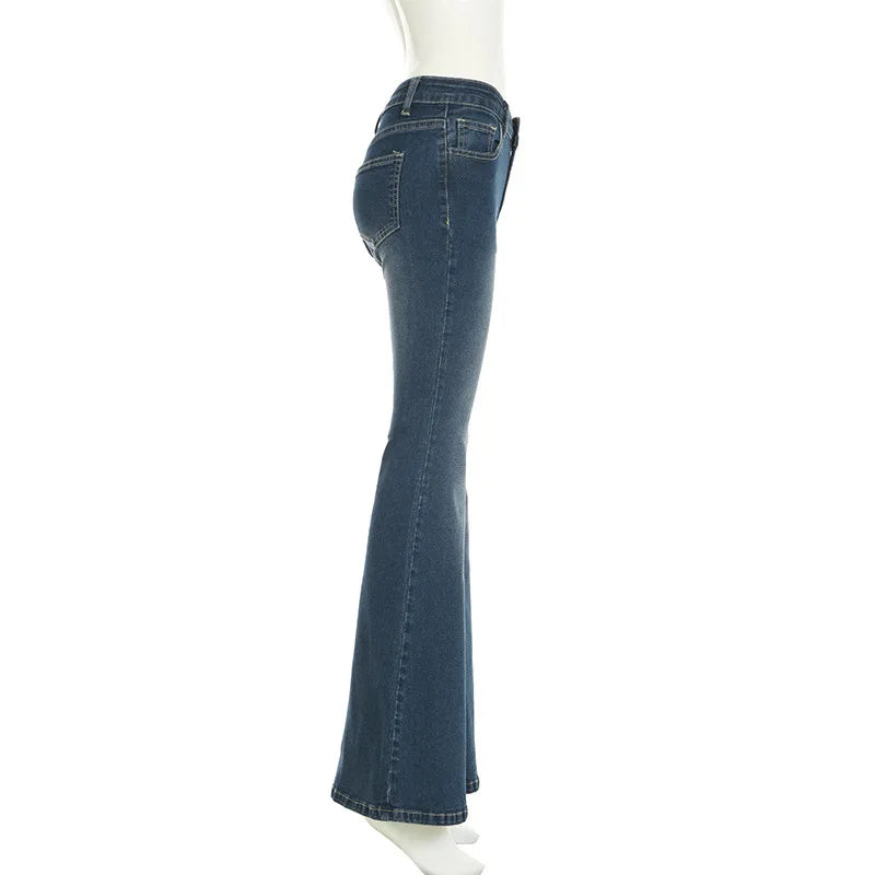 Flare Pants Jeans Women Embroidery Boot Cut Low Waist Washed Distressed Pockets Floor Length Streetwear 2025 Denim Trousers