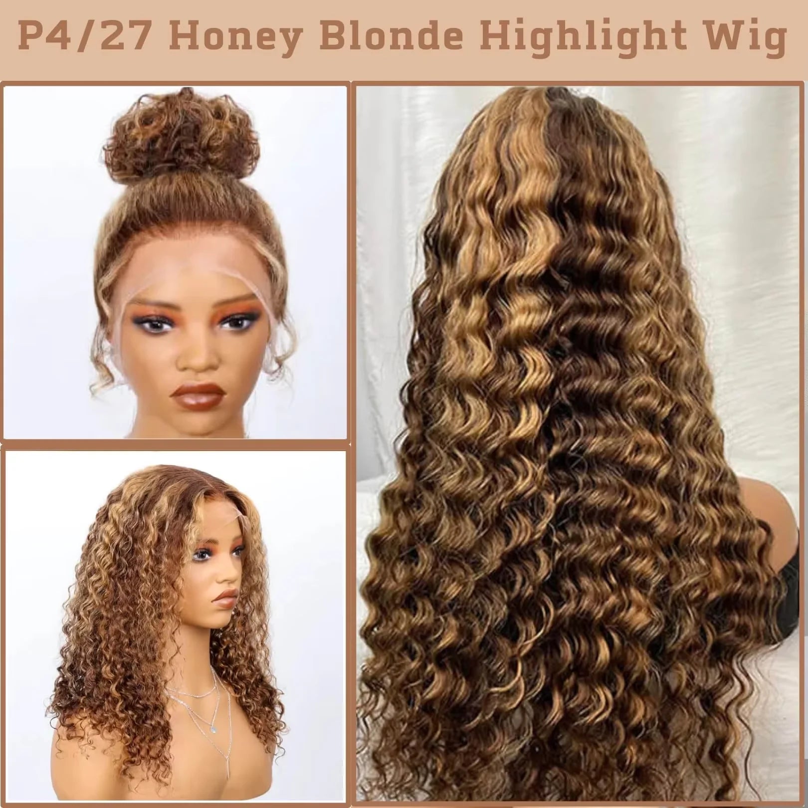 250Density Deep Wave Human Hair Wig 360 Full Lace Front with Hidden Strap 4/27 Blonde Highlights Pre Plucked Brazilian Curly Wig