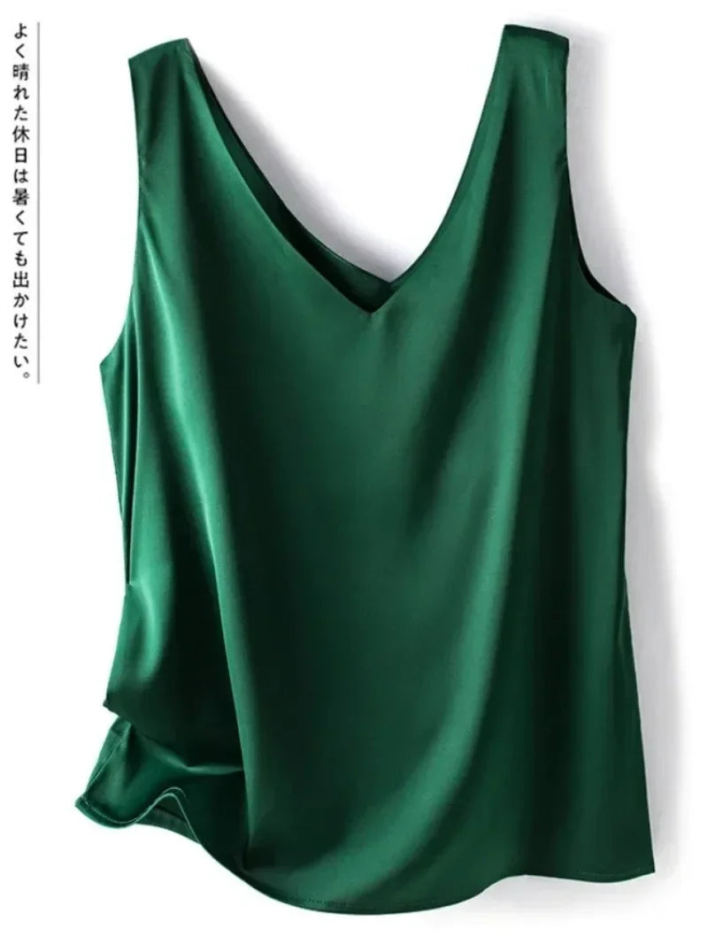 Woman T-shirts Elegant SILK Satin Blouse Sleeveless Female Summer 2026 Casual Loose Tanks and Camis Solid Green Tops for Women Secondary image