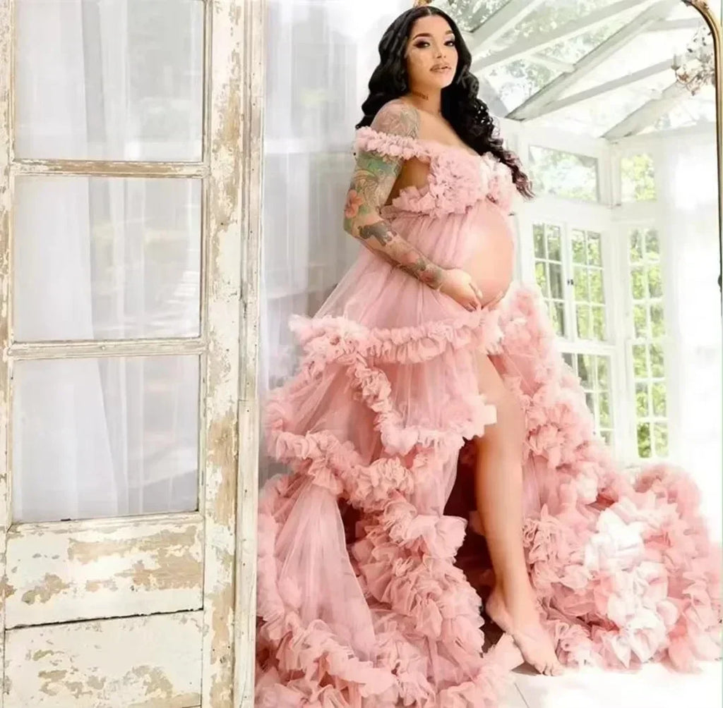 Maternity Dresses Customized Photoshoot Tiered Ruffles Pregnant Women Gowns Baby Shower Off Shoulder Front Slit Bridal Sleepwear