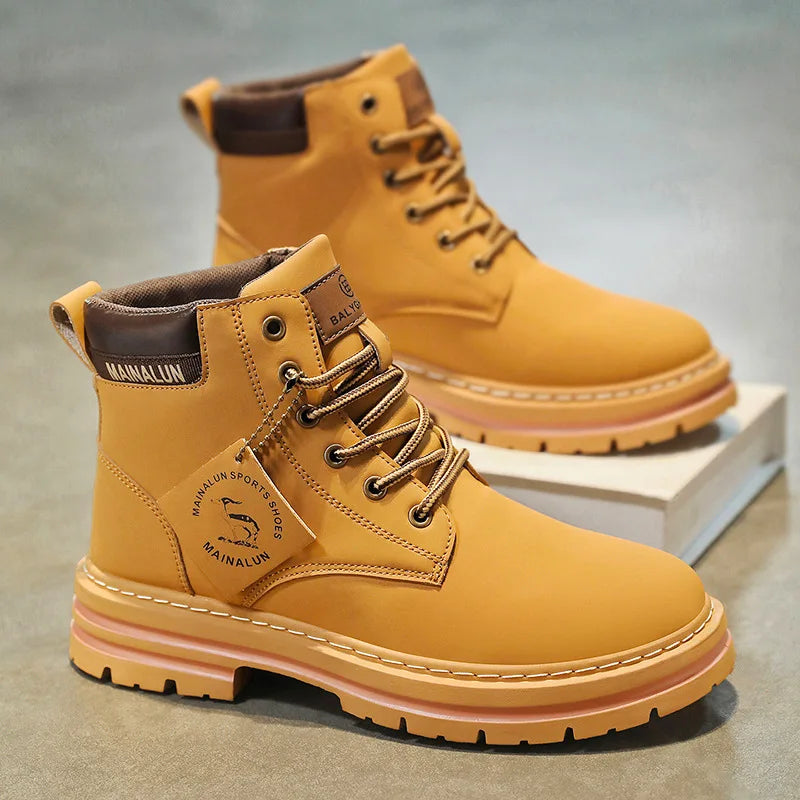 Classic Men High Top Boots High Quality Yellow Leather Boots Fashion Outdoor Sneakers Men Lace Up Non-Slip Ankle Boots for Men Main image