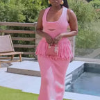 Women Sexy See Through Knitted Maxi Dress Hollow Out Deep Neck Pot Robes Tassel Hem Fork Party Vestidos 2025 New Lady Club Gown