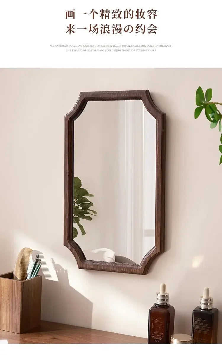 Retro Solid Wood Dressing Mirror Makeup Mirror Wall-mounted Bathroom Toilet Wall-mounted Punch-free Rectangular Bathroom Mirror