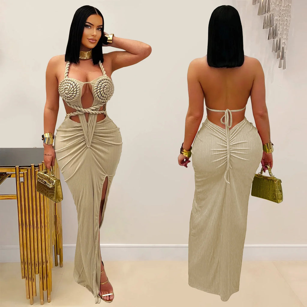 Women's Hollow Out Sleeveless Sexy Knitted Halter Neck Backless Solid Color Dress for Summer 2025