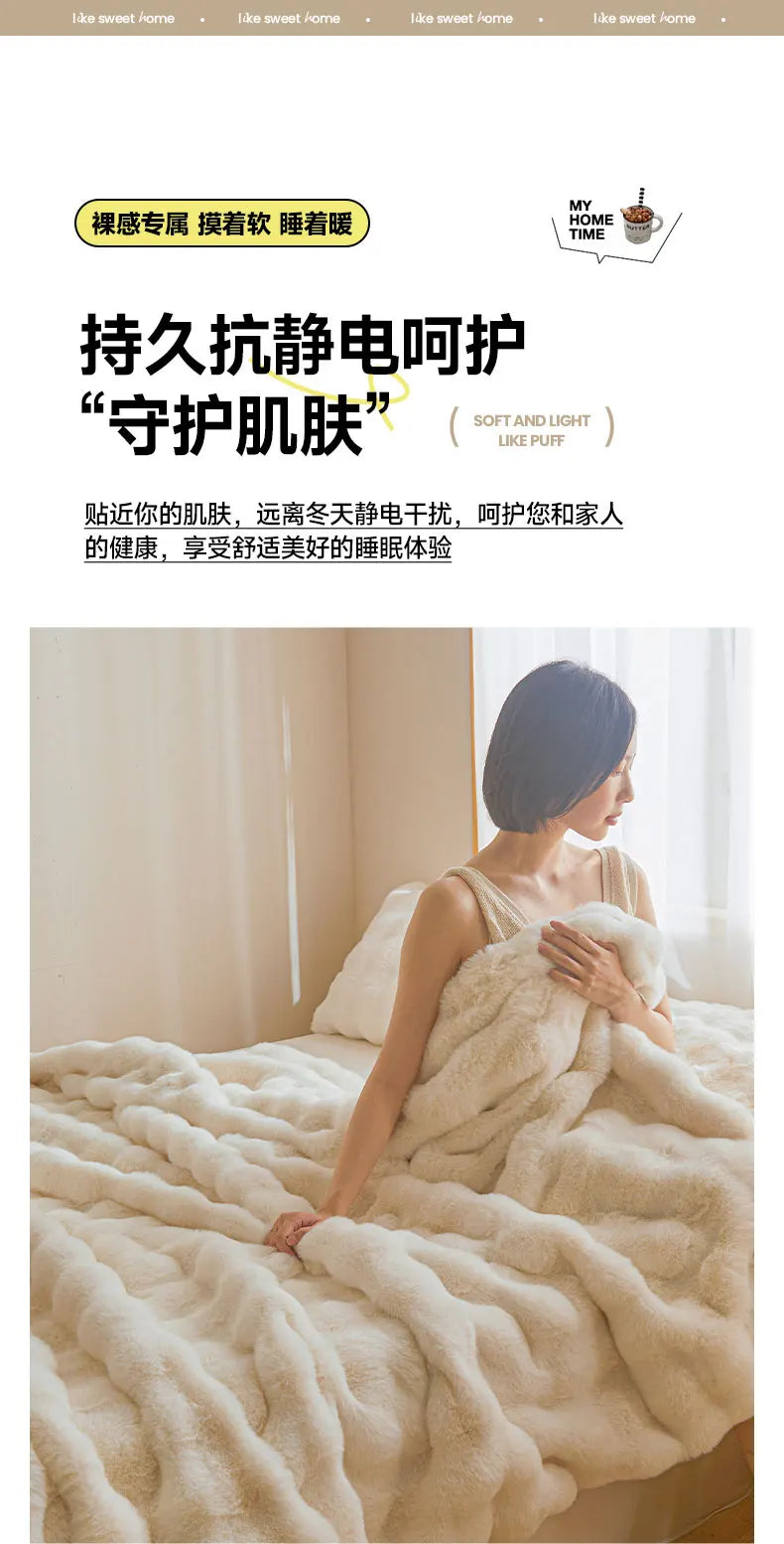 Ultra Soft Luxury Flffy Faux Rabbit Fur Blanket, Thick Winter Warm Throw Blankets, Plush Cozy Bubble Fleece Blankets Home Decor