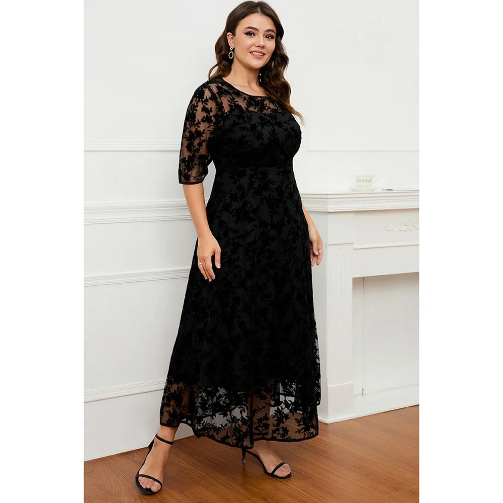 Plus Size Formal Black Lace Flocking Mesh Velvet Double Layer Tunic Maxi Dress Round Neck Long Dress Secondary image