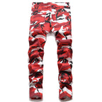 Men Red Camouflage Print Jeans Casual Slim Straight Pants Contrast Color Streetwear Trousers