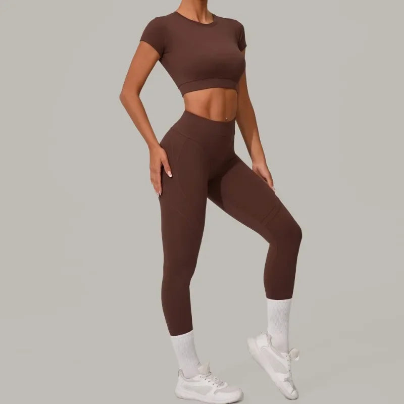 Gym Workout Yoga Fitness Sports Suit Short-sleeved Top Padded-free High-waisted Hip-lifting Trousers Outdoors Leisure Sportswear
